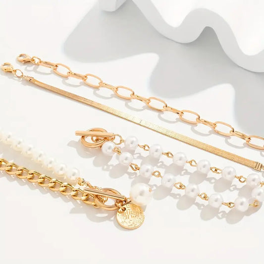 Chic Guld 4-Piece Armband Set - Orm, Pärlor & Länkar | Guld