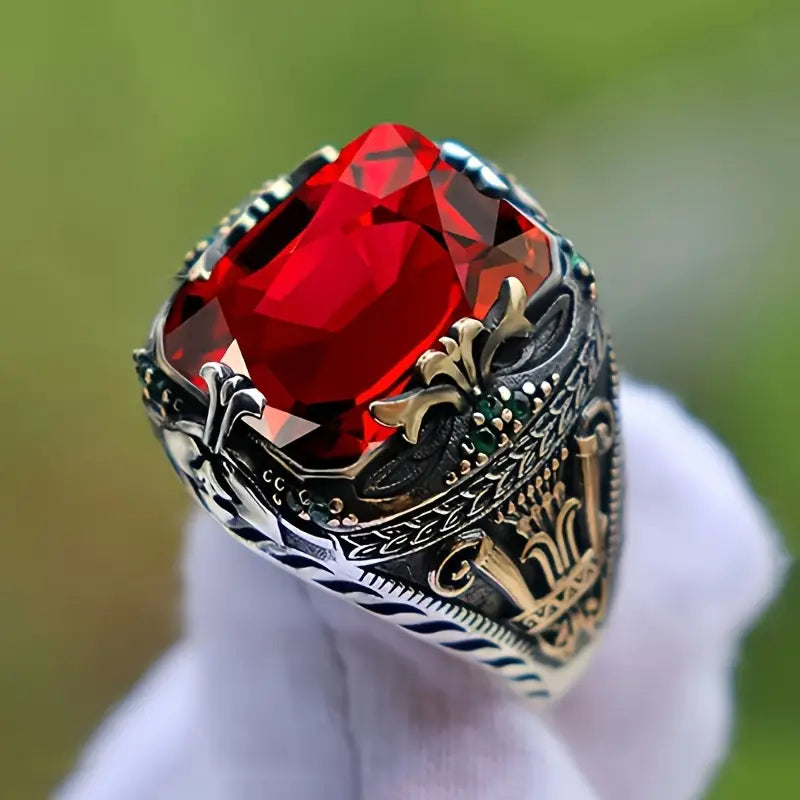 Silver Rubin Ornate Signet Ring