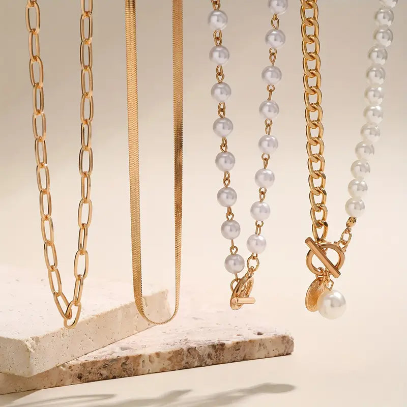 Vintage Pärl & Guld Orm Länkhalsband Set | Guld