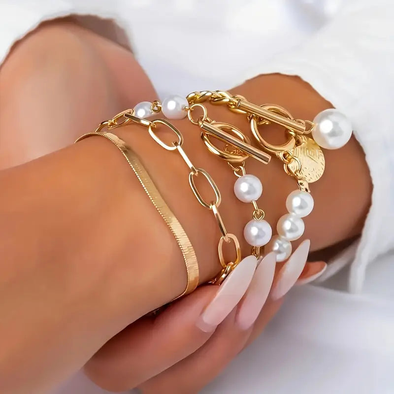 Chic Guld 4-Piece Armband Set - Orm, Pärlor & Länkar | Guld
