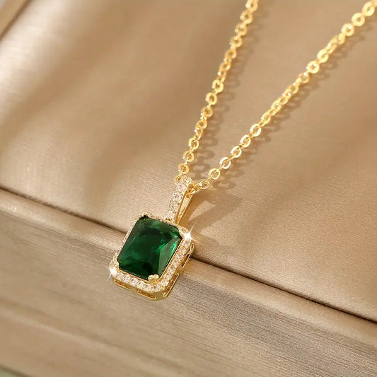 Guld Smaragd Rektangulär Halo Halsband