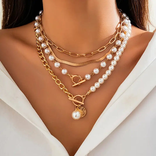 Vintage Pärl & Guld Orm Länkhalsband Set | Guld
