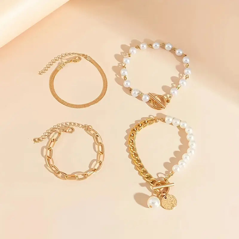 Chic Guld 4-Piece Armband Set - Orm, Pärlor & Länkar | Guld