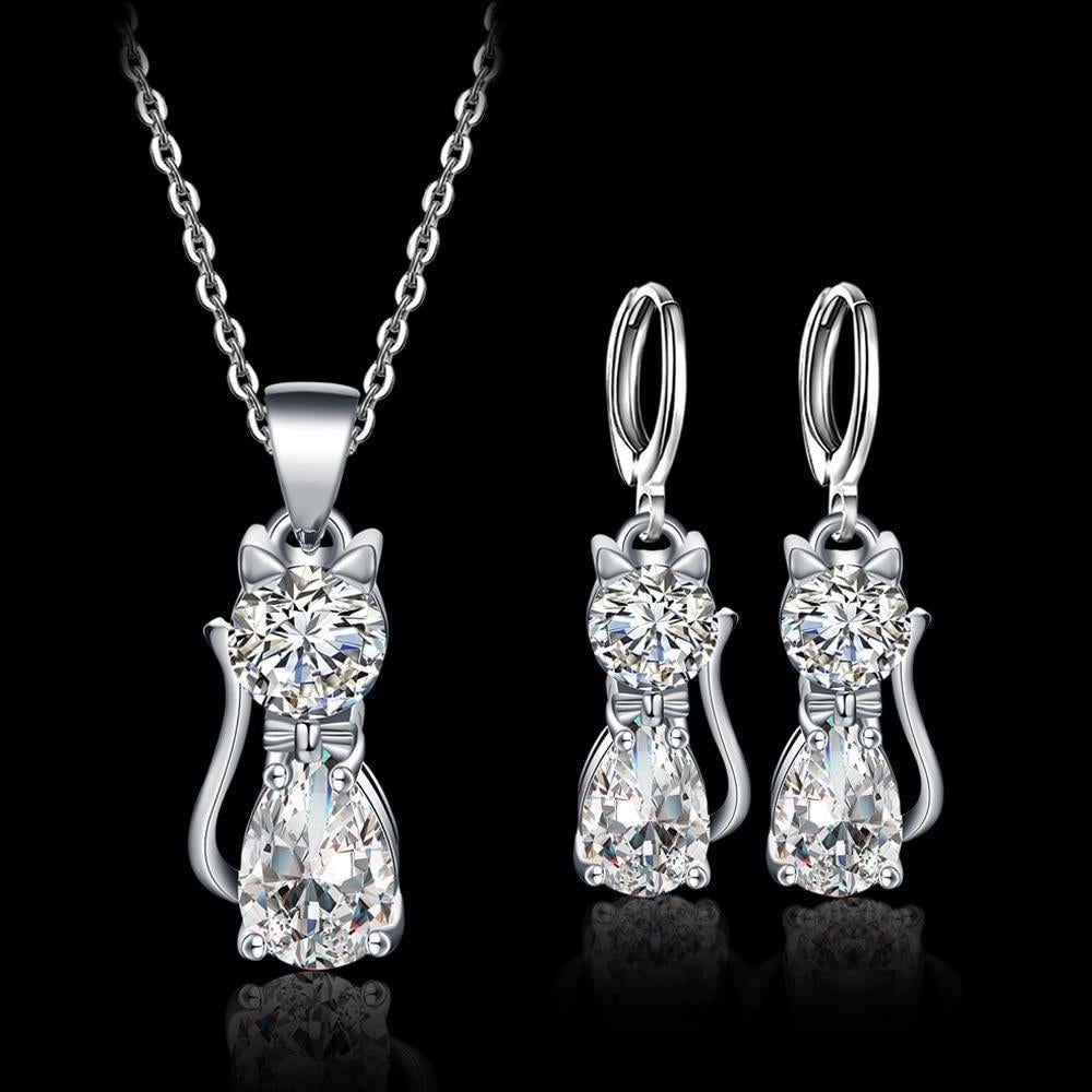 Set Halsband + Örhängen Glada Katter i Äkta Silver och Polerat Vitt Zirkonium