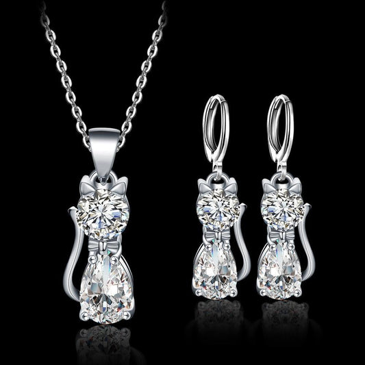 Set Halsband + Örhängen Glada Katter i Äkta Silver och Polerat Vitt Zirkonium