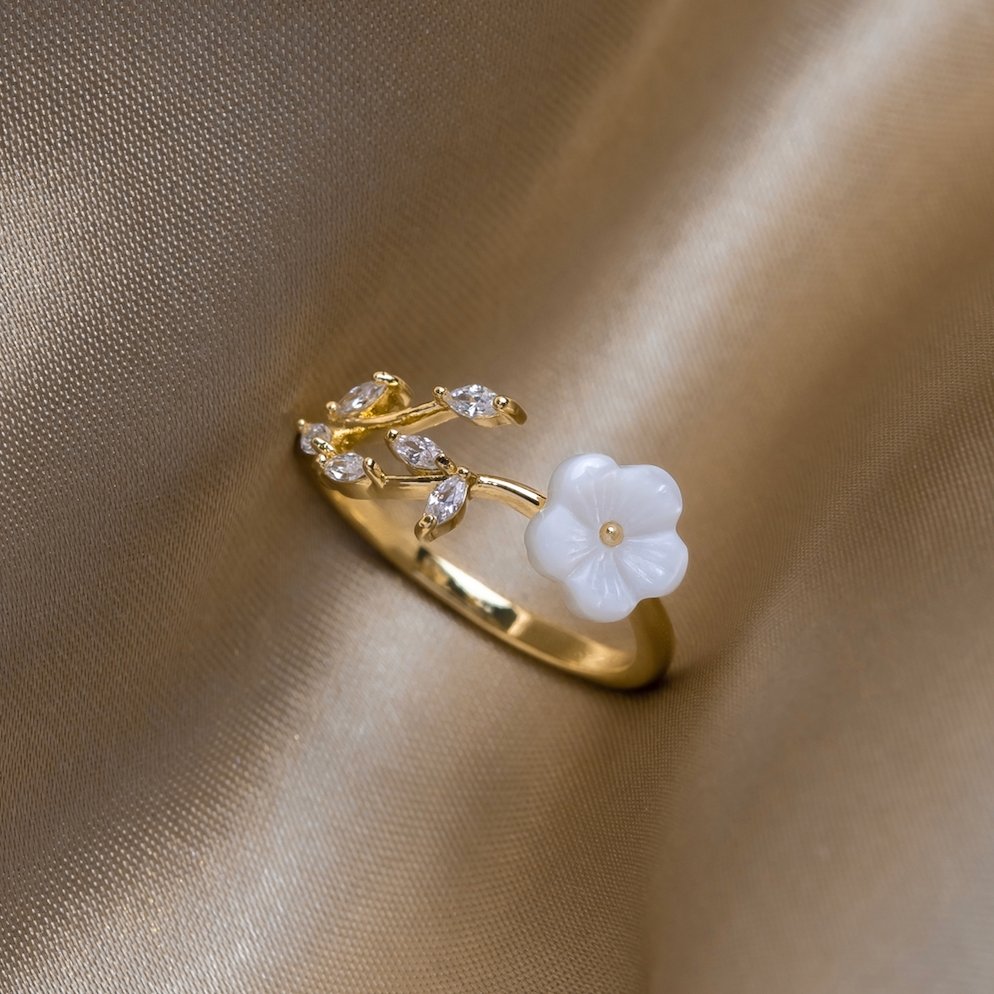 Guld Blommig och Leaf Öppen Ring